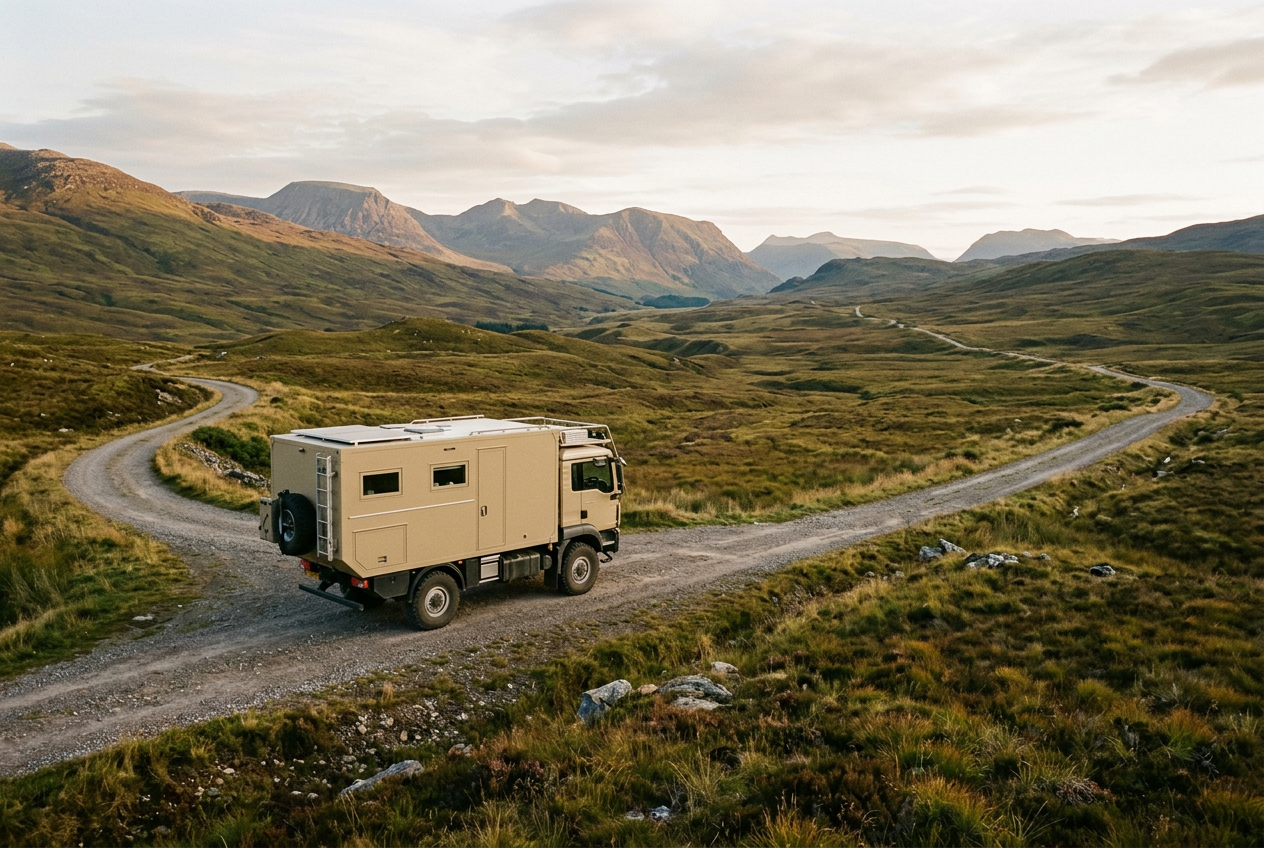 Sand-coloured expedition camper truck at a fork in a highland gravel road