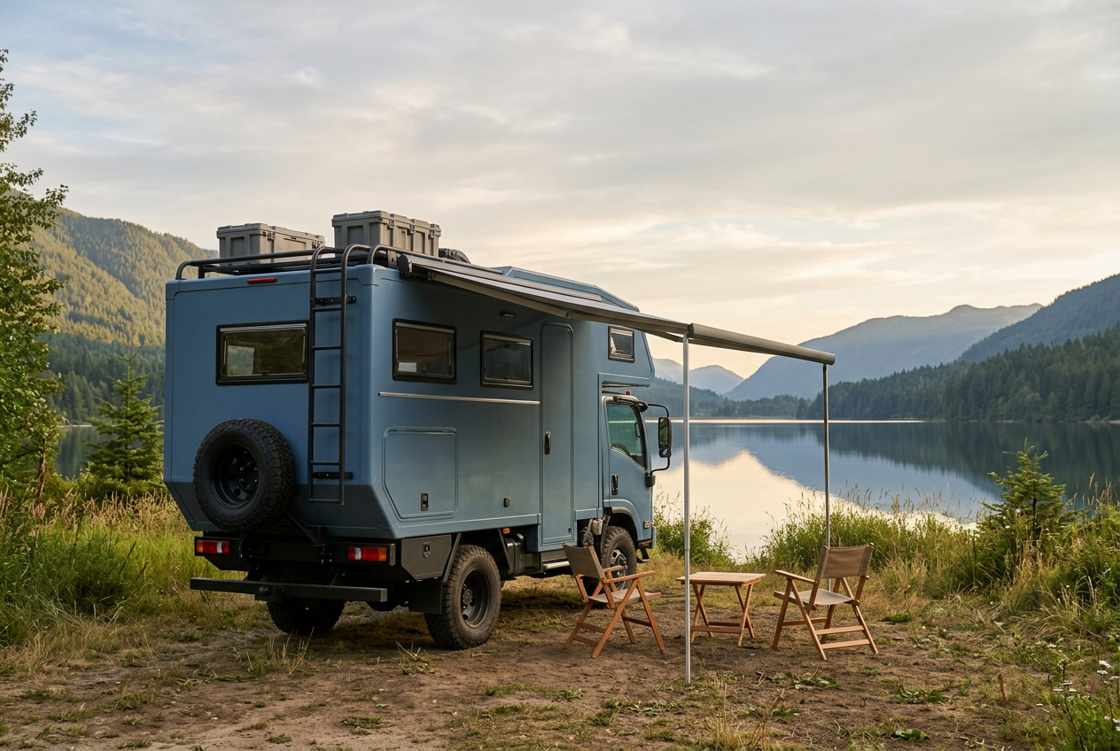A blue expedition camper beside a lake with an awning and two chairs