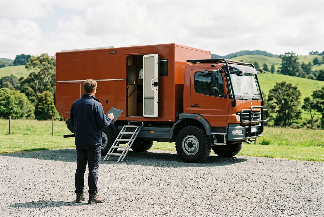 A prospective buyer viewing an orange expedition truck with its camper door open