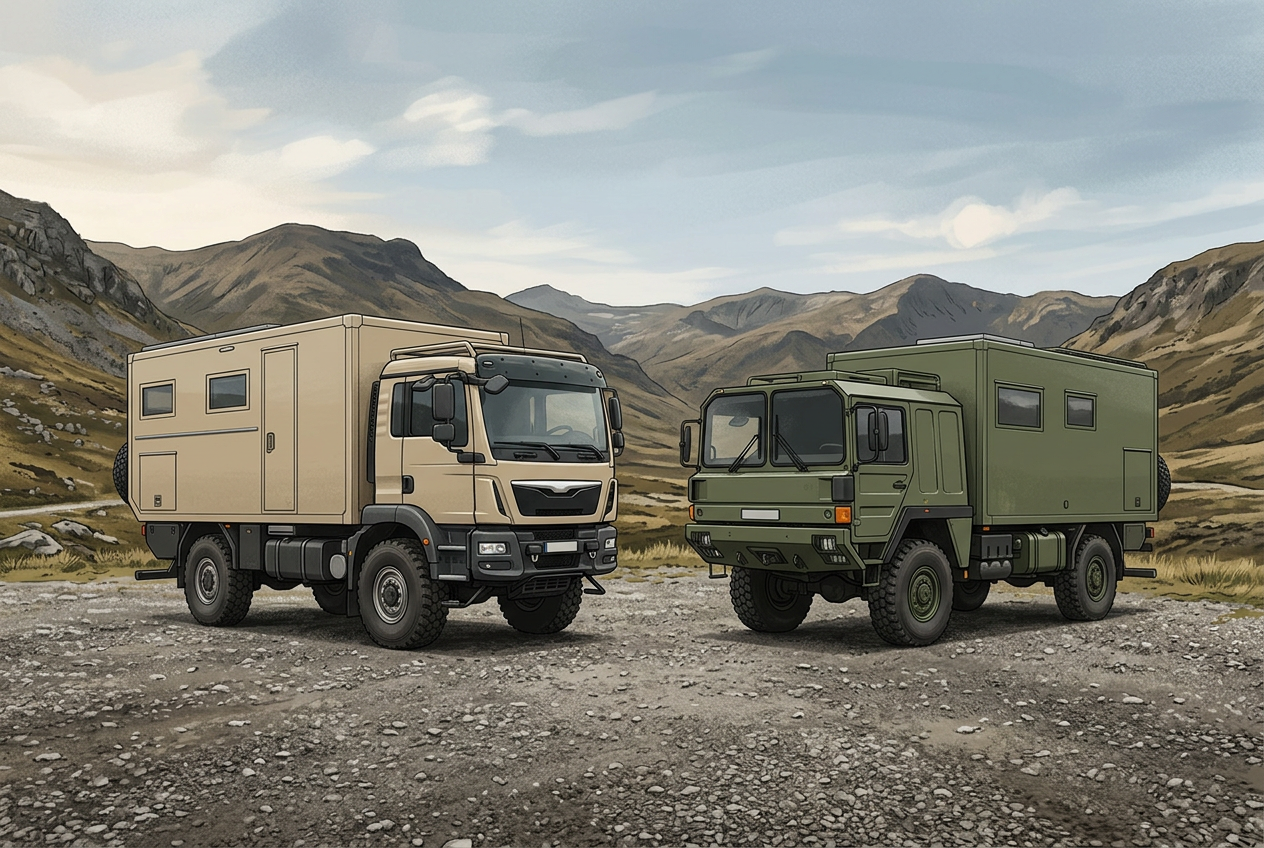 Two contrasting cab-over expedition camper trucks on a mountain plateau