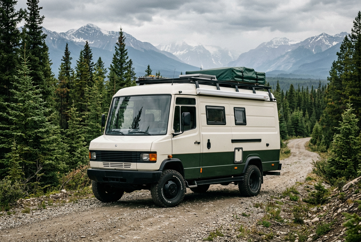 Classic short-bonnet camper van beside a forest trail