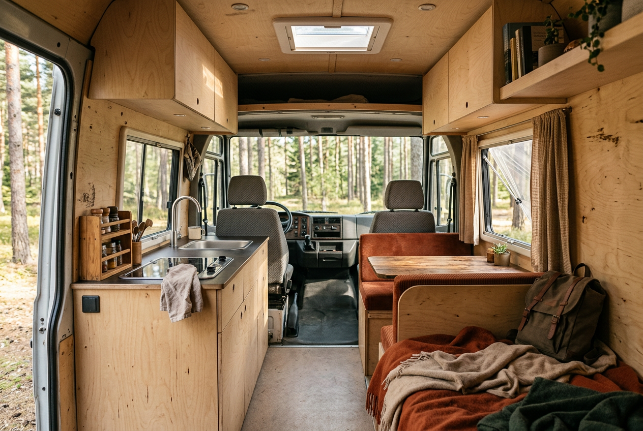 A narrow Vario-style camper interior with a birch galley and russet bench