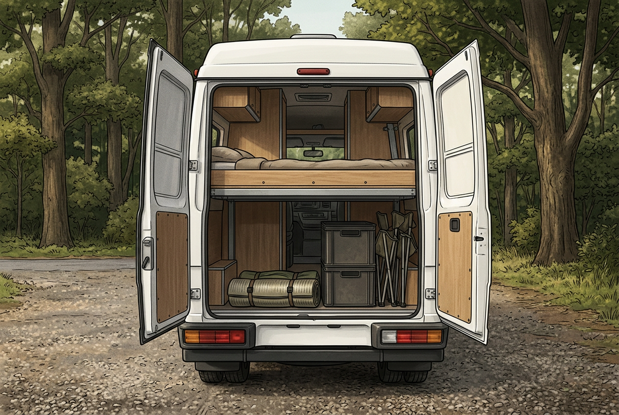 Open rear doors of a classic camper van revealing storage beneath a raised bed