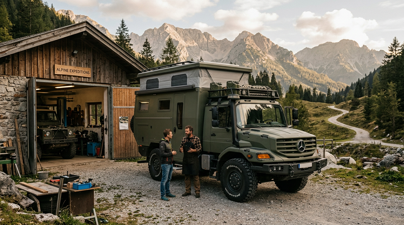 An expedition vehicle builder talking with a customer beside an overland camper at a mountain workshop